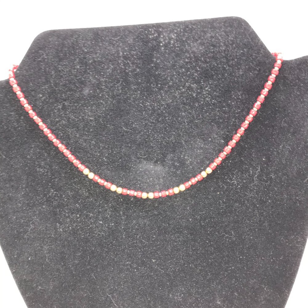 16" Long Red and Gold Beaded Necklace